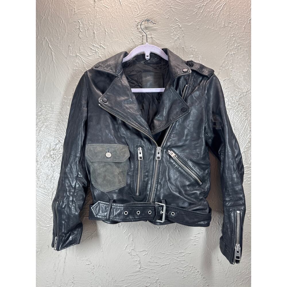 Allsaints Rayna Biker Sheep Leather Belted Black Moto Jacket‎ Womens Size 6